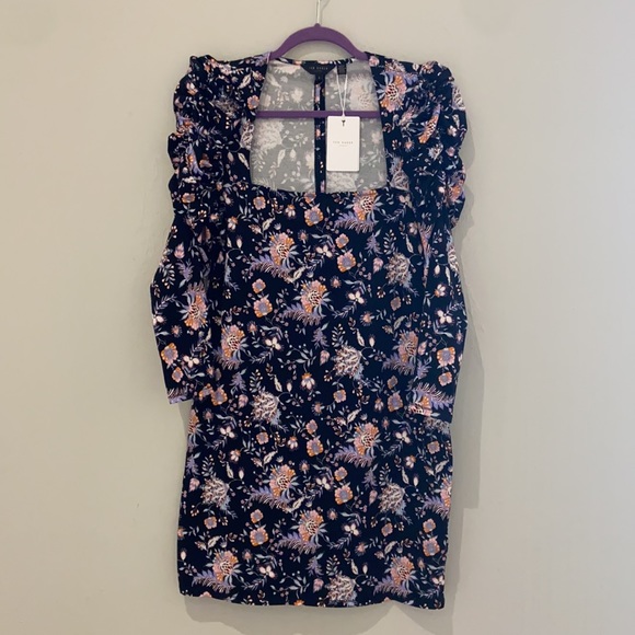 TED BAKER Dracena Square Neck Printed Mini Dress in Black. Ted:  4  US: 10- 12 - Picture 8 of 8